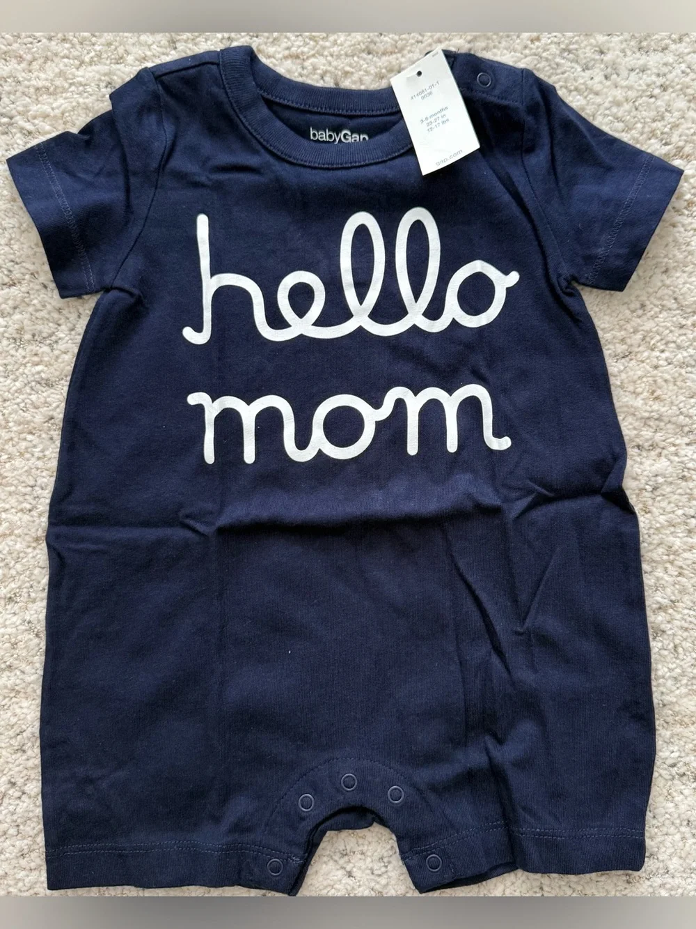 NWT Baby Gap Hello Mom Navy blue Short Sleeve Romper Bodysuit 3-6 Months Cotton